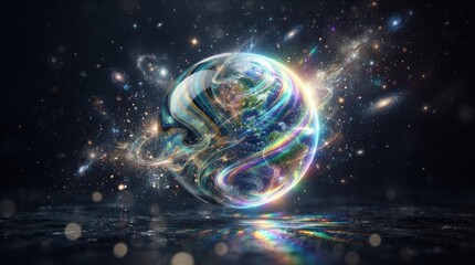 Fototapeta premium Abstract Earth planet glowing with swirling colorful light in deep space