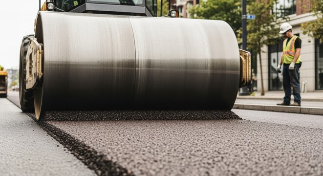 Heavy machinery compacting freshly laid bioasphalt on city street demonstrating durability and sustainability in pavement solutions.