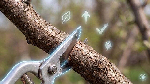 Tree pruning orchard management concept, glowing secateurs cutting branch with leaf, arrow, checkmark, flower icons, horticulture, trimming, growth management and seasonal maintenance