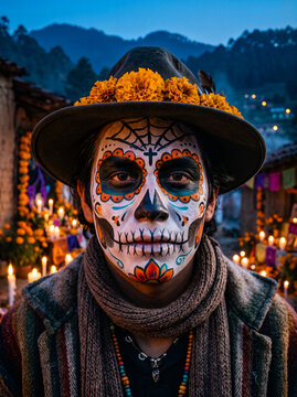 Mexican man with calavera makeup looking at camera in a candlelit rural village during Day of the Dead at twilight