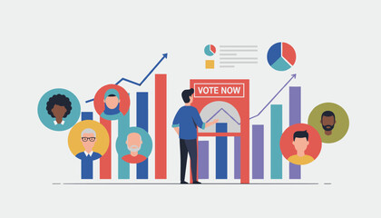 Obraz premium Voter placing a ballot in a voting booth surrounded by charts and diverse citizen avatars representing election results.