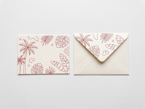 Greeting card and matching envelope with red floral pattern flat lay envelope