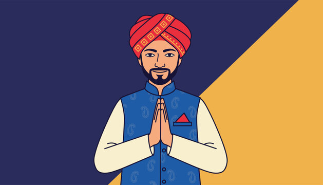 Indian man dressed in traditional blue vest, cream kurta, and orange turban welcoming with a respectful namaste hand gesture.