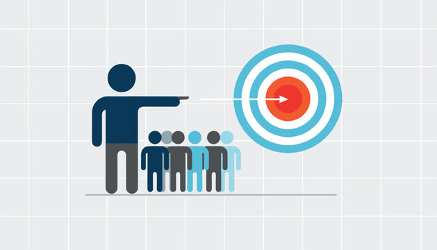 Dedicated business leader points a team of employees toward a target to achieve collective goals and success.