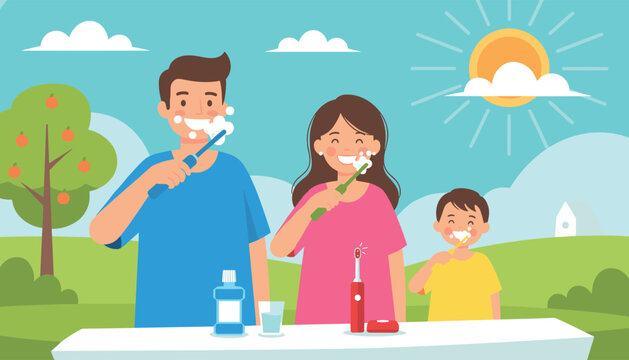 Happy family of three brushes their teeth together outdoors to promote good dental hygiene and healthy habits.