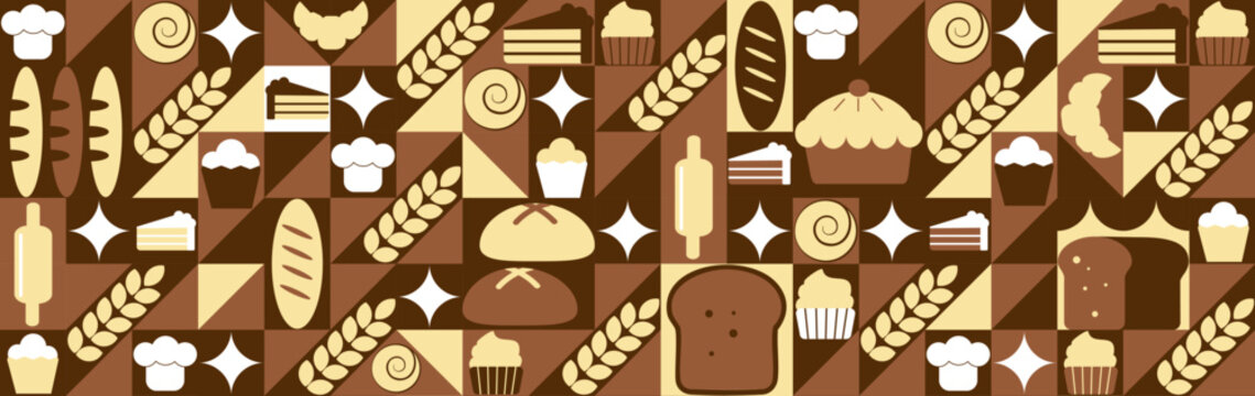 Bread and pastries background. Abstract bakery menu background. Geometric pattern bread, croissant, donut. Mosaic seamless pattern of bakery.