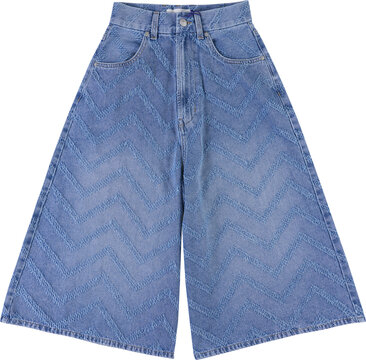 Wide leg blue denim culottes with chevron texture isolated on transparent background image