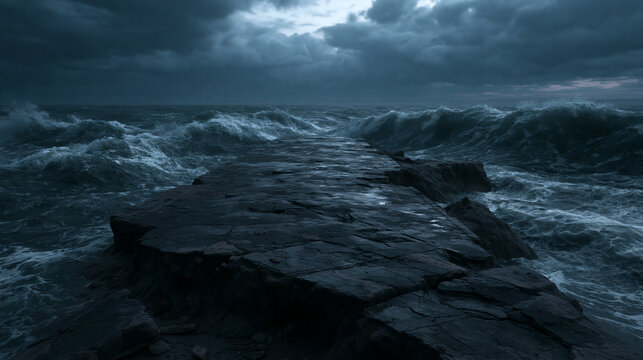 Stormy ocean waves crashing against a dark stone pier under a dramatic cloudy sky. Dramatic seascape for concepts of danger and nature power.