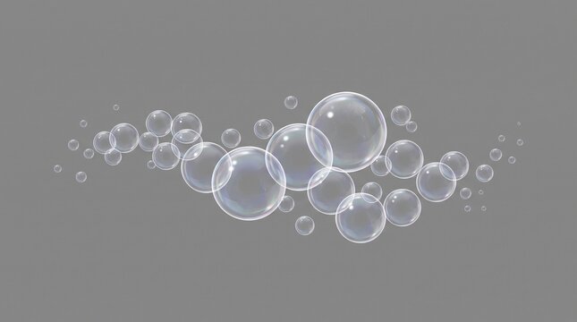 Realistic transparent soap water bubbles horizontal stream vector illustration isolated on neutral grey background clean foam sphere graphic design element template