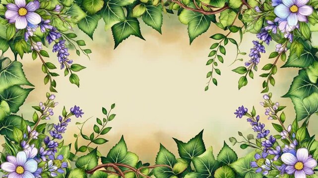 Floral frame with watercolor ivy leaves and lavender flowers elegant botanical border on a blank soft beige background