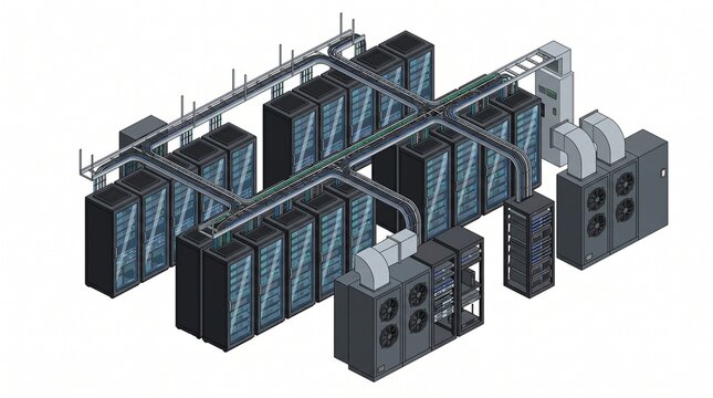 Isometric data center server room infrastructure layout with cooling systems with isometric vector illustration industrial cooling units