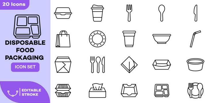 Disposable Food Packaging Line Icon Set. Featuring Takeaway Container and Cutlery Collection with Cup, Plate, Bowl, Fork, Spoon, Knife, Napkin, Straw and Lunch Box Icons. Editable Stroke Vector