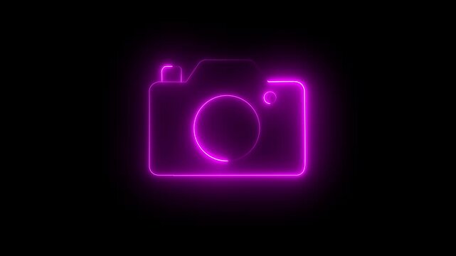 Neon camera icon animation glowing pink color photo camera capture camcorder digital camera ,Social media video camera icon for app. motion graphic of neon glowing camera photograph concept. 