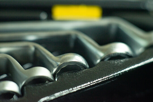 Set of chrome ring spanners in case