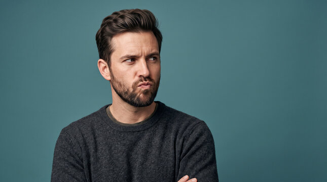 Confused Young Man with Beard Looking Sideways Expressing Doubt and Uncertainty