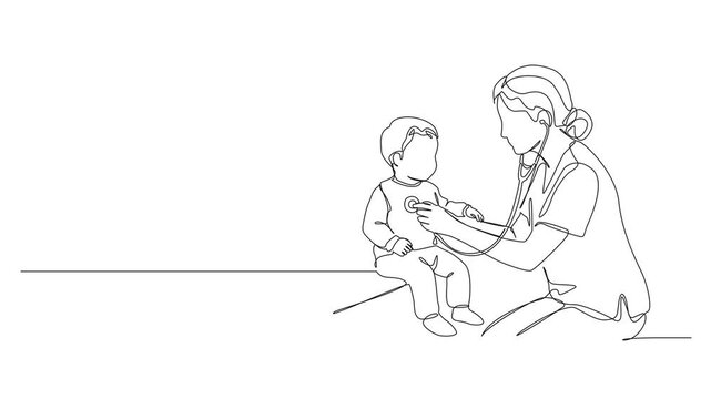 animated continuous line drawing of female pediatrician examining toddler with stethoscope, medical concept, line art animation