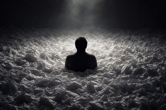A silhouette stands waist-deep in an ocean of crumpled paper, giving the invisible weight of mental overload a tangible form.