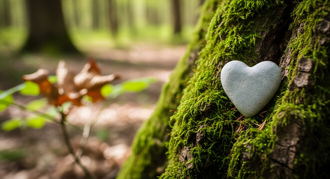 Heart shaped stone resting on moss covered tree trunk forest