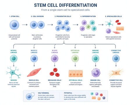 Flat vector illustration of stem cell division and differentiation stages, clean white background, textbook biotechnology education style.