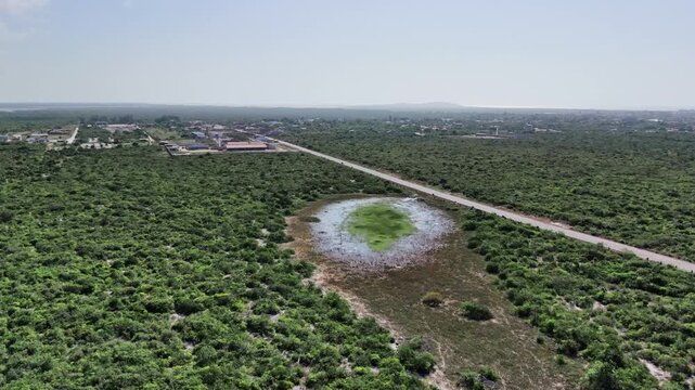 Aerial View of Small Round Pond Beside Rural Road Toward Coastal Town