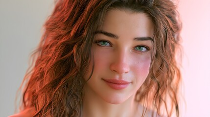 Fototapeta premium Beautiful young woman with wavy brown hair, close up portrait of a girl with green eyes, cinematic lighting on female face, soft skin and natural look