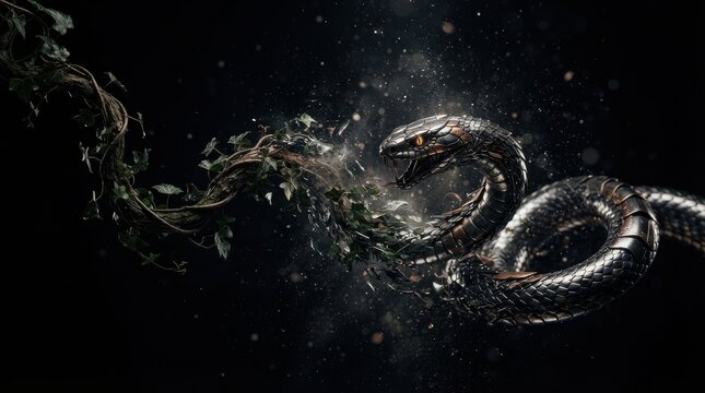 Metallic robotic snake with ivy vines