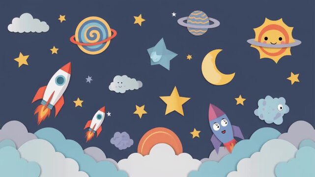 Space illustration with cartoon rockets planets and stars in cute flat design style on dark blue background for kids