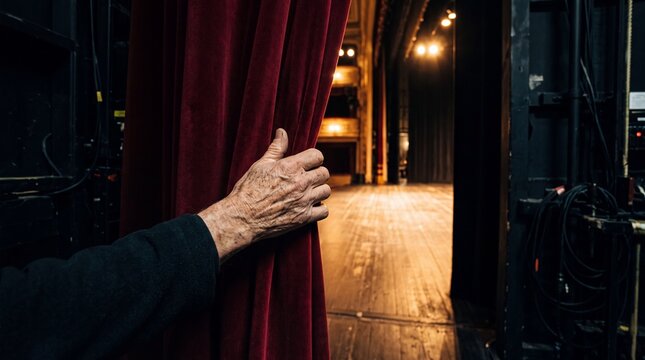Gealterte Hand zieht einen schweren roten Theatervorhang zur Seite und gibt den Blick auf die leere hell beleuchtete B&uuml;hne frei