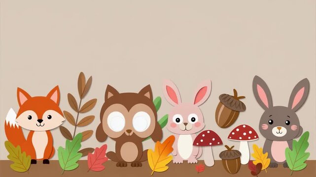 Cute woodland animals illustration featuring a fox owl rabbit and bunny with autumn leaves in a playful forest theme
