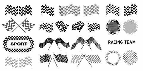 Fototapeta premium Checkered Flags And Racing Elements Black And White Vector Illustration