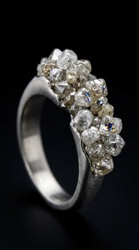 Silver ring with cluster of raw rough diamonds