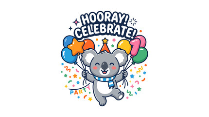 Naklejka premium Cute Cartoon Koala Celebrating With Colorful Balloons and Confetti.