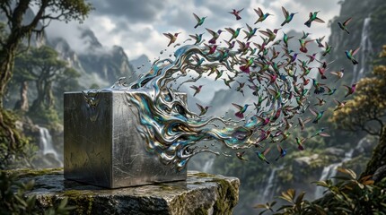 Obraz premium Metallic cube transforming into flock of hummingbirds