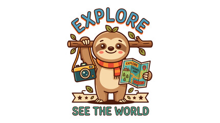 Fototapeta premium Cute cartoon sloth traveler with camera and map exploring the world.
