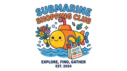 Fototapeta premium Cute cartoon submarine shopping club illustration with flowers and shopping bag.