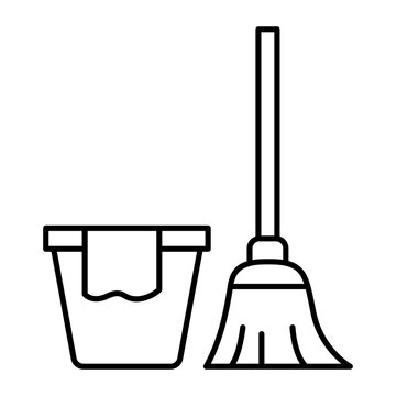 Cleaning service line icon. Broom and bucket with rag vector outline symbol.