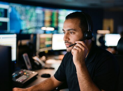Nahaufnahme eines jungen Disponenten in der Leitstelle der mit der Hand das Mikrofon seines Headsets justiert