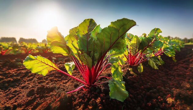 Red Beet Organic Beetroot Plant With Leaves In The Field