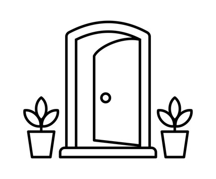 Open door with potted plants line icon. Hotel room entrance or welcome doorway vector outline symbol.