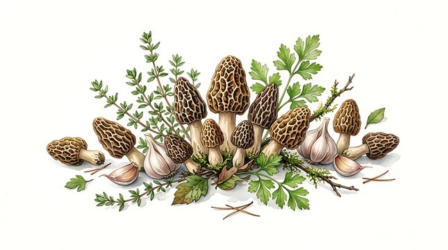 Fresh morel mushrooms and garlic arranged with herbs for gourmet cooking
