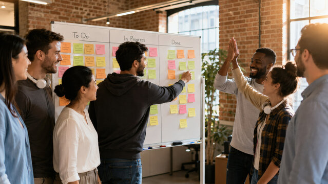 Tech startup team conducting daily stand-up meeting around Kanban board