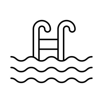 Swimming pool line icon. Linear sign of bath water waves and pool ladder. Editable stroke outline pictogram symbol. Vacation or sport theme.
