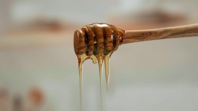Honey dripping from wooden dipper, macro food texture dessert syrup copy space