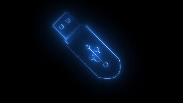 Glowing neon USB pen drive icon isolated on black background. USB drive icon animation. Security, safety, protection concept. USB flash drive icon neon animation. 4k motion video.