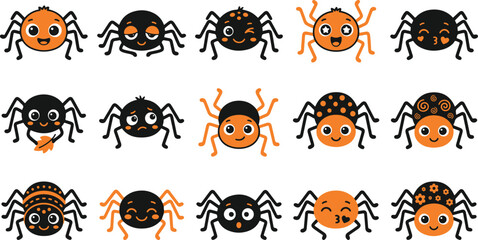 Naklejka premium A collection of cute cartoon spider illustrations with various orange and black patterns for halloween themed graphic design projects