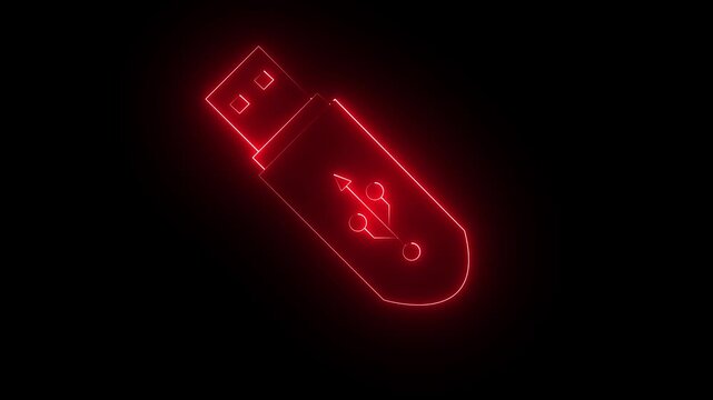 Glowing neon USB pen drive icon isolated on black background. USB drive icon animation. Security, safety, protection concept. USB flash drive icon neon animation. 4k motion video.