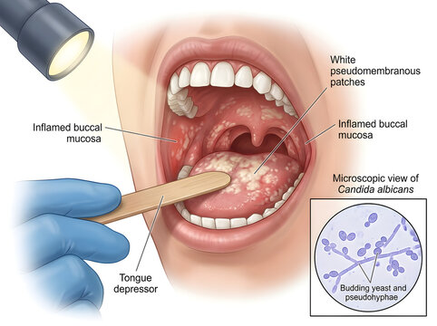 Oral thrush with candida albicans infection illustration isolated on white background