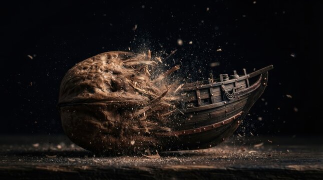 Old wooden ship transforming from a walnut shell