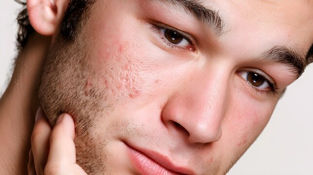 Acne skin condition on young man's face, male facial pimples and scarring, dermatology patient with skin problems