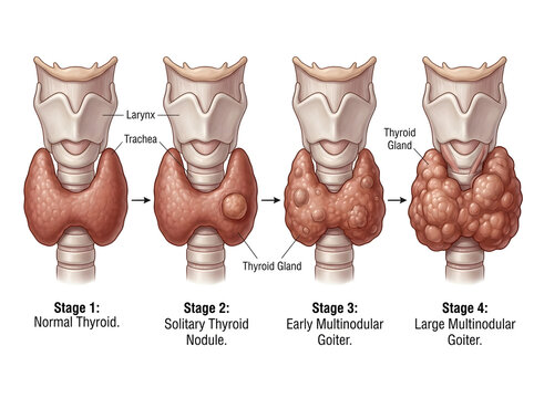 Thyroid gland stages from normal to multinodular goiter illustration isolated on white background